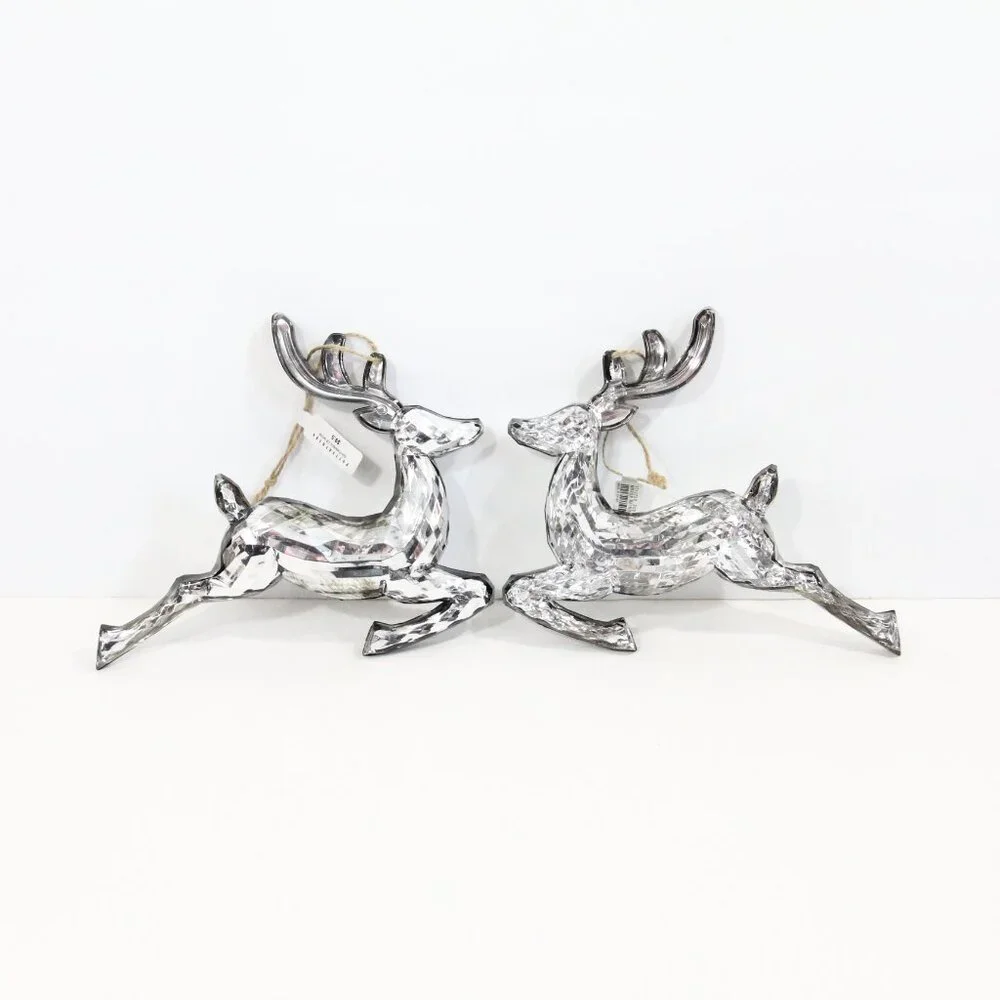 Pottery Barn Reindeer Ornament NEW Set of 2 Mirrored Christmas decor gift